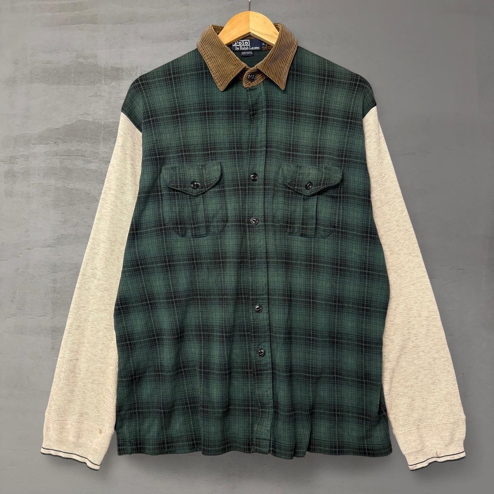 Vintage Polo Ralph Lauren Rare Shirt Plaid Thermal Sleeve Corduroy Collar Large